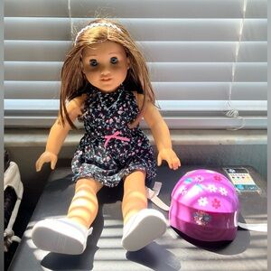 American Girl Doll With Headband, Necklace, Helmet Accessories & hair chair